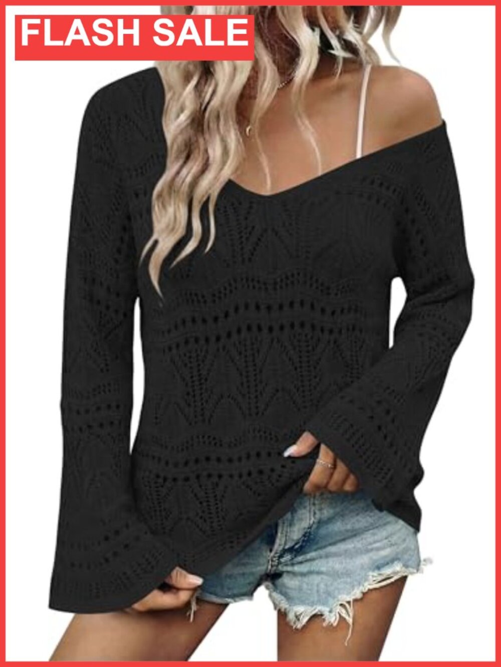 Boho Off Shoulder Crochet Sweater Top Hollow Out Flared Sleeve Knit